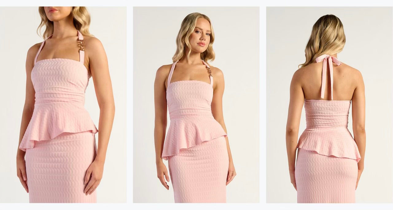 Pink gold detail neckline + skirt set