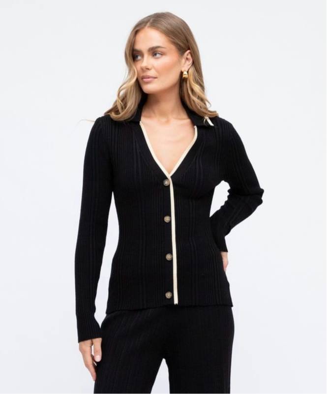 Ava Black Button Up Knit Top