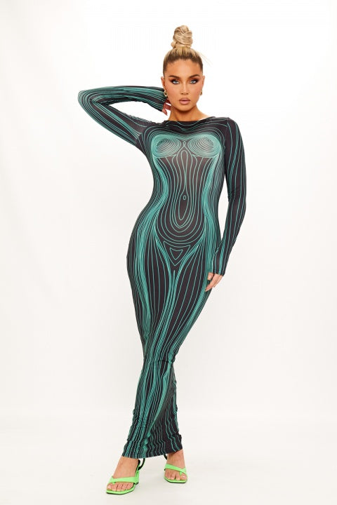 Black Body Map Print Bodycon Maxi Dress