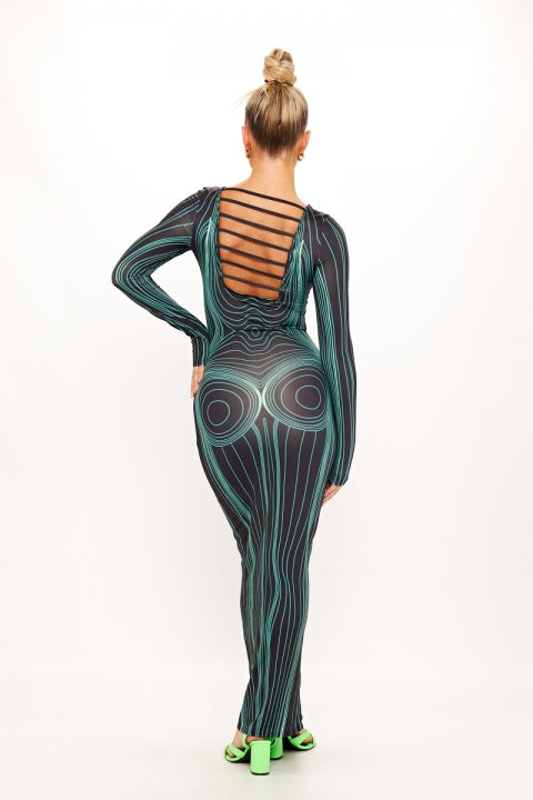 Black Body Map Print Bodycon Maxi Dress