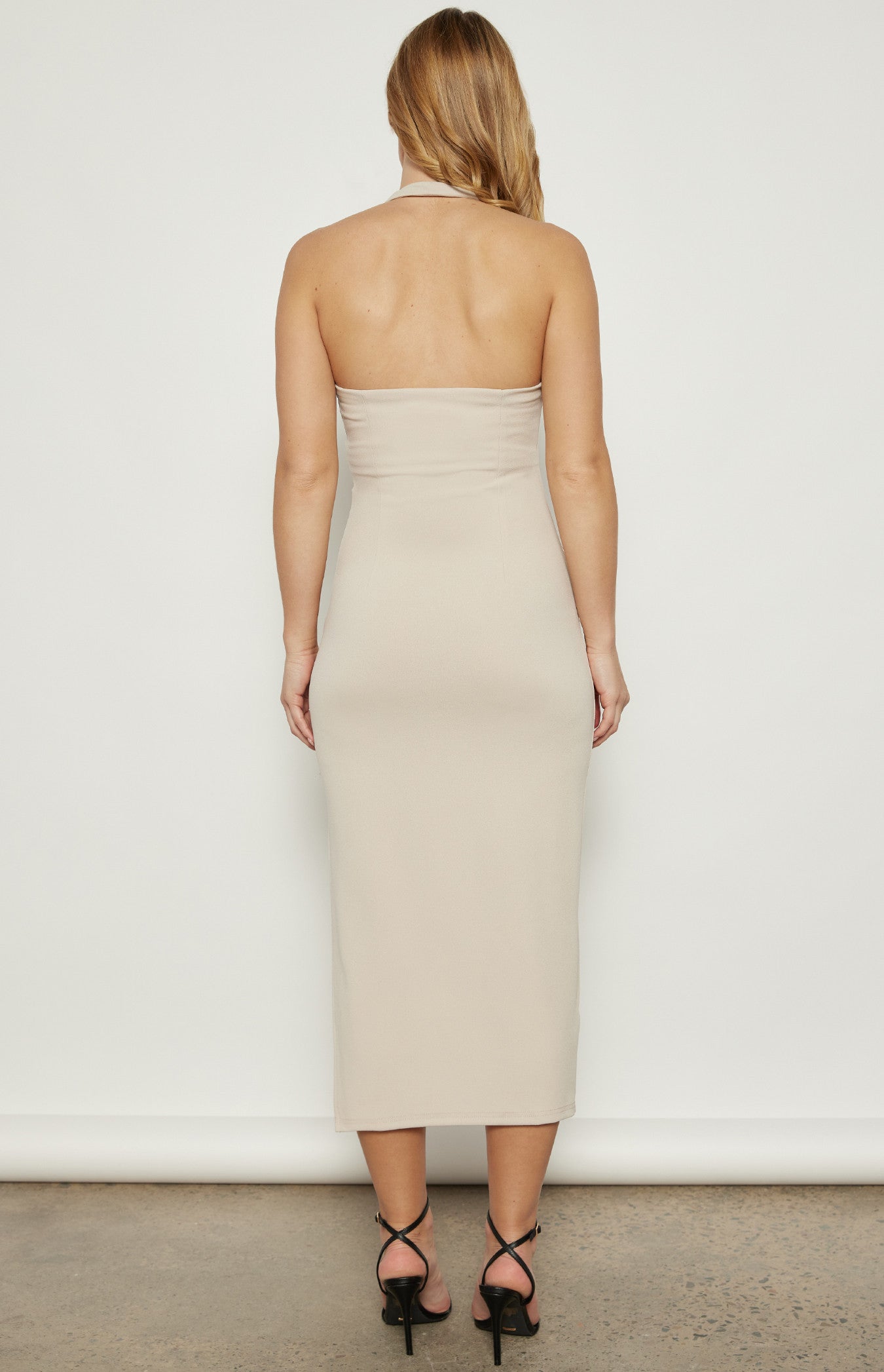 D-Ring Buckle Halter Neckline Midi Dress