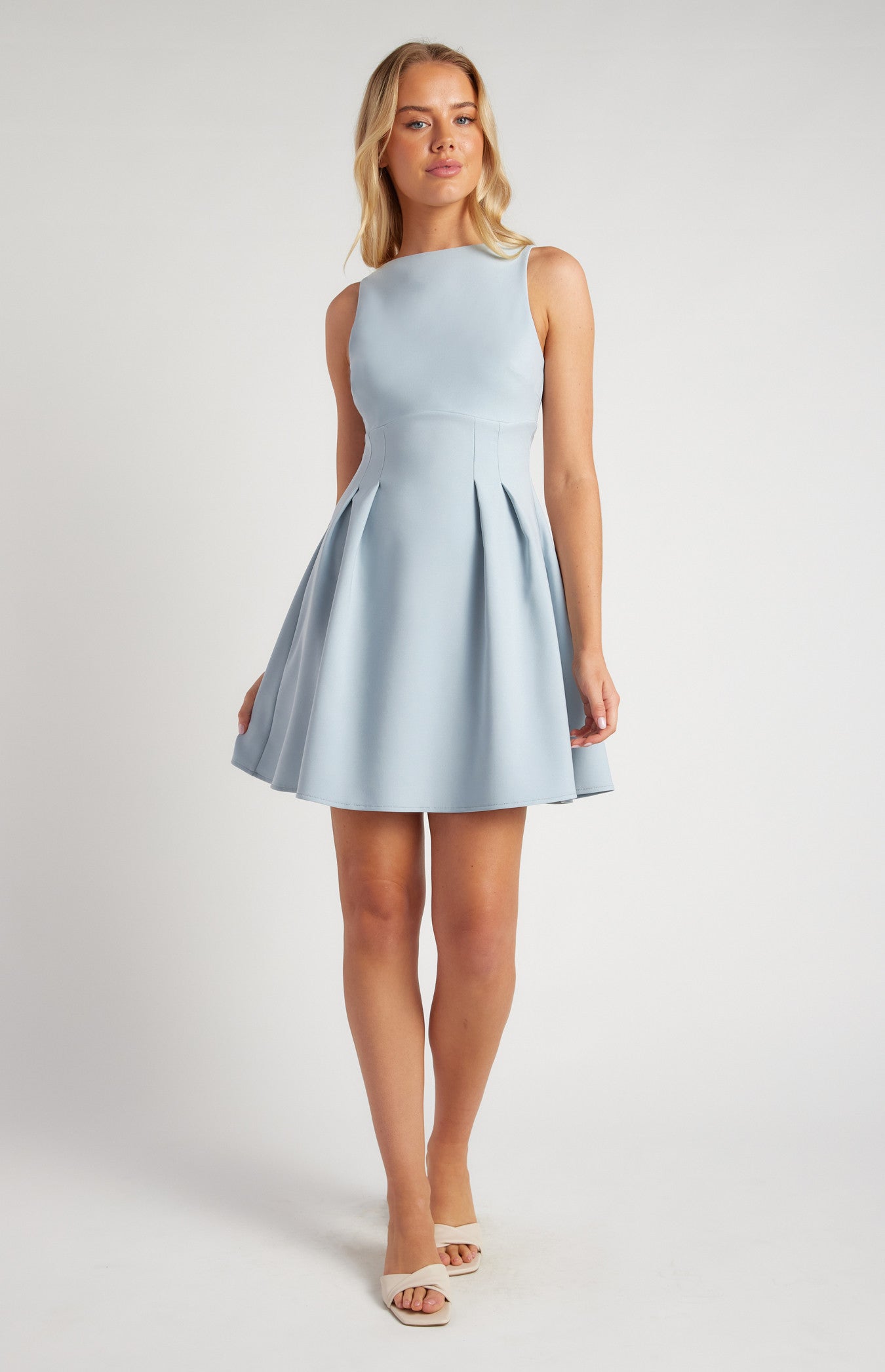 Baby Blue Stretch Fabric Cinched Waist Detail Mini Dress