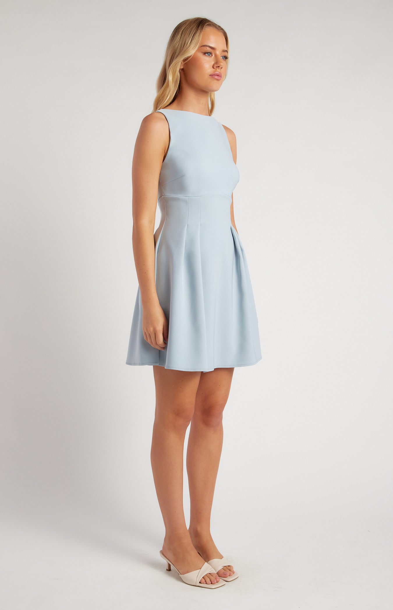 Baby Blue Stretch Fabric Cinched Waist Detail Mini Dress