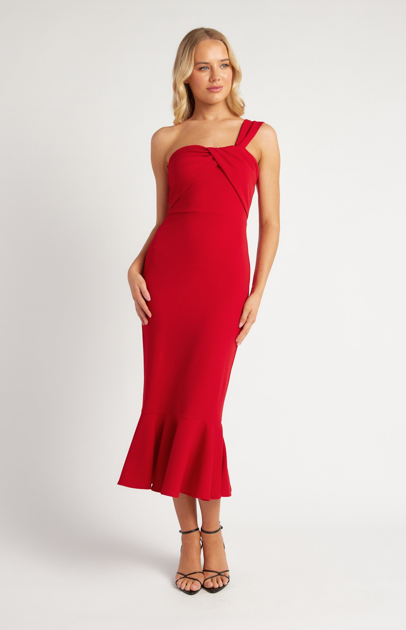 Red Mermaid Hem Front Twist Detail One Shoulder Dress