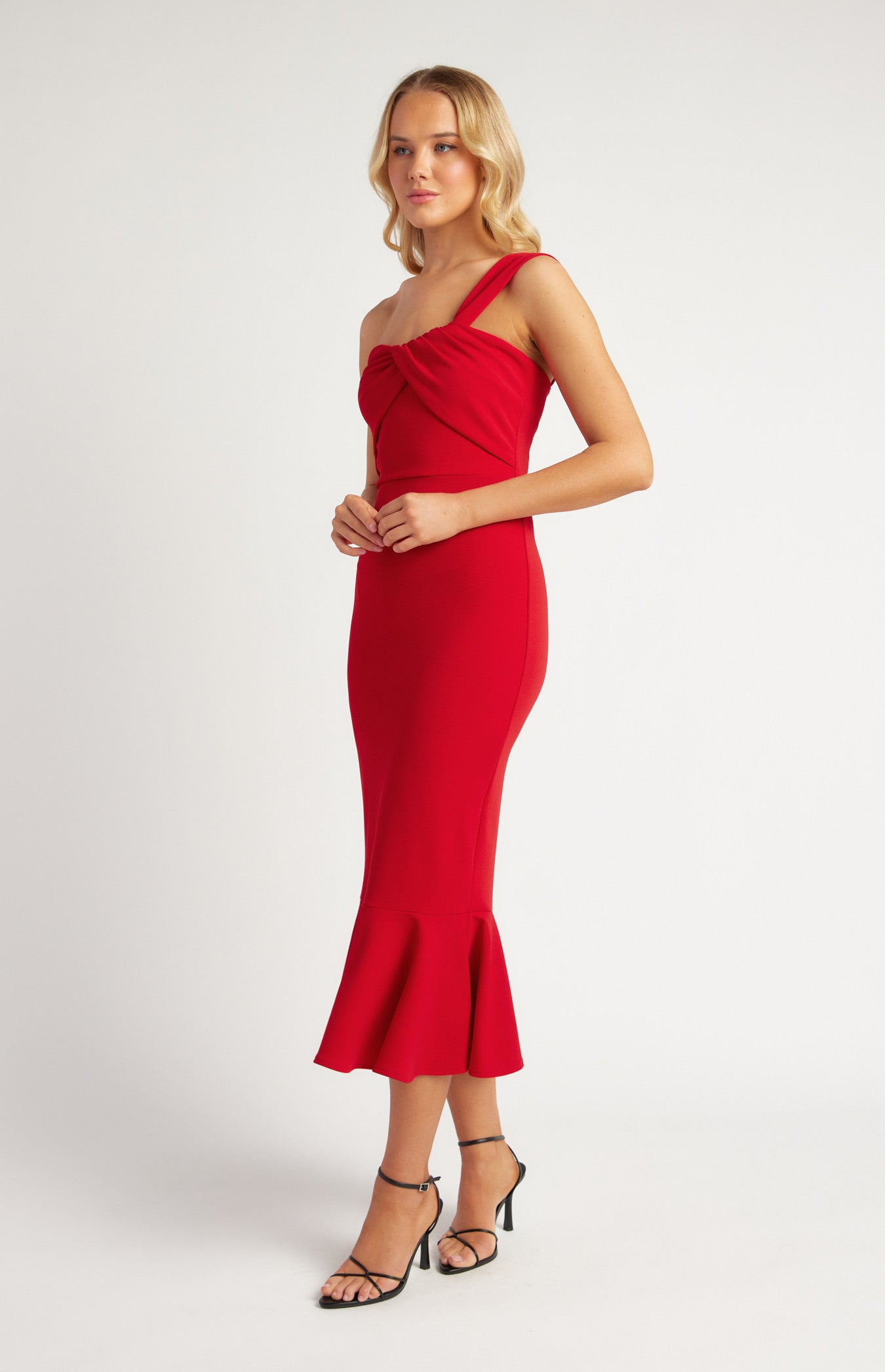 Red Mermaid Hem Front Twist Detail One Shoulder Dress