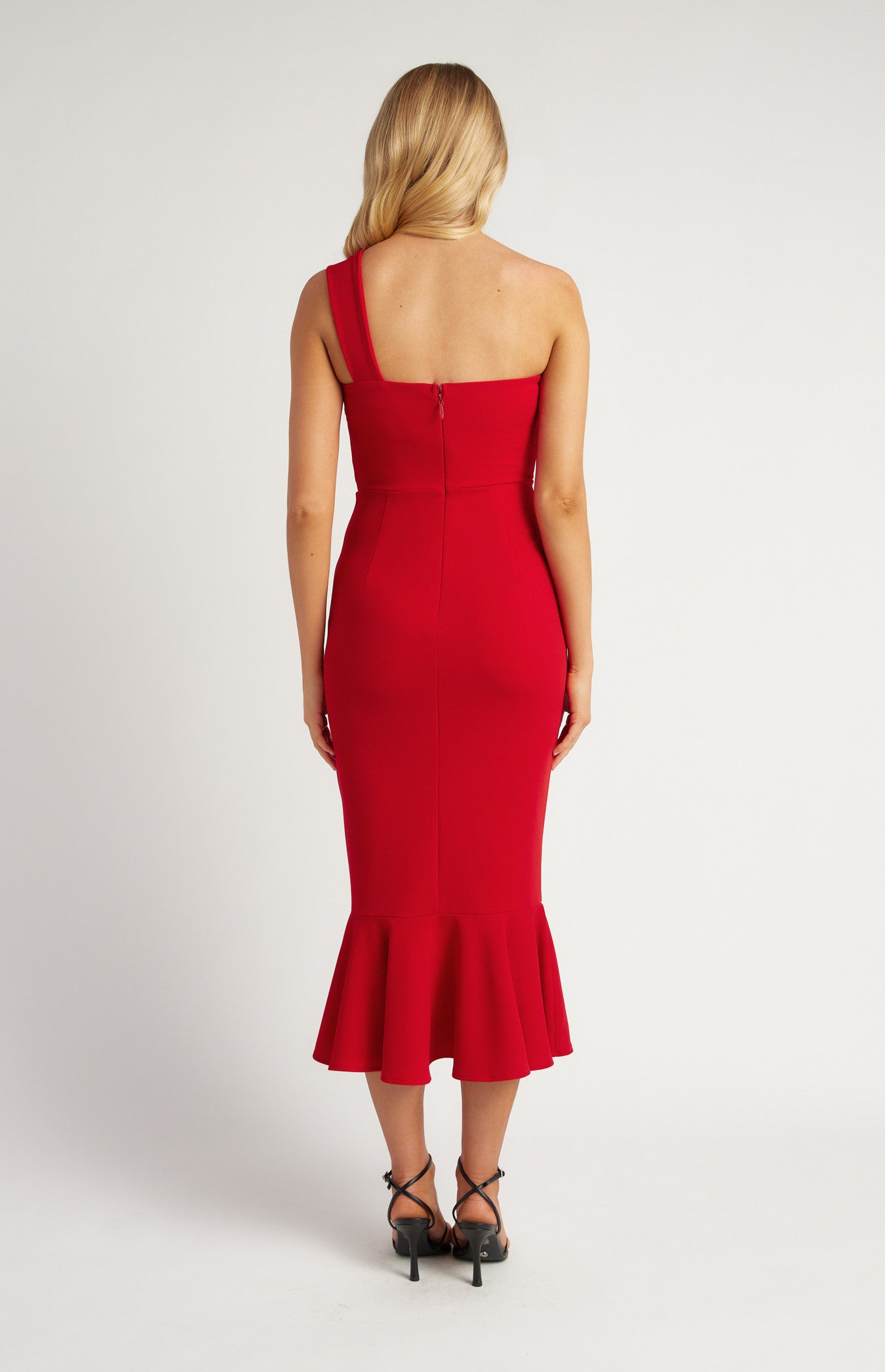 Red Mermaid Hem Front Twist Detail One Shoulder Dress