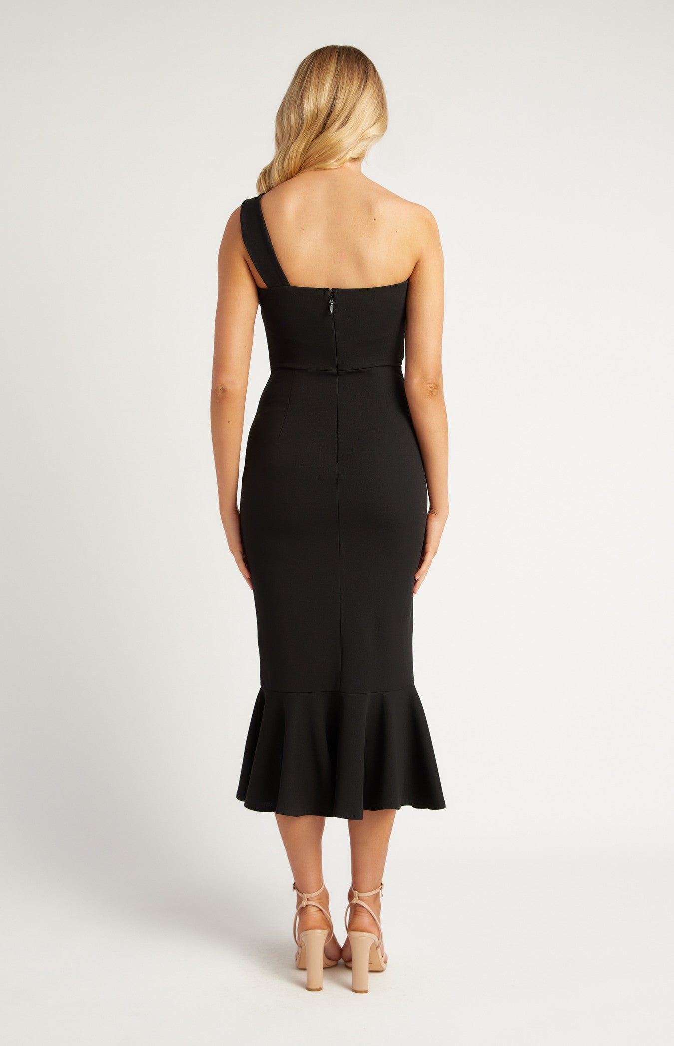 Black Mermaid Hem Front Twist Detail One Shoulder Dress