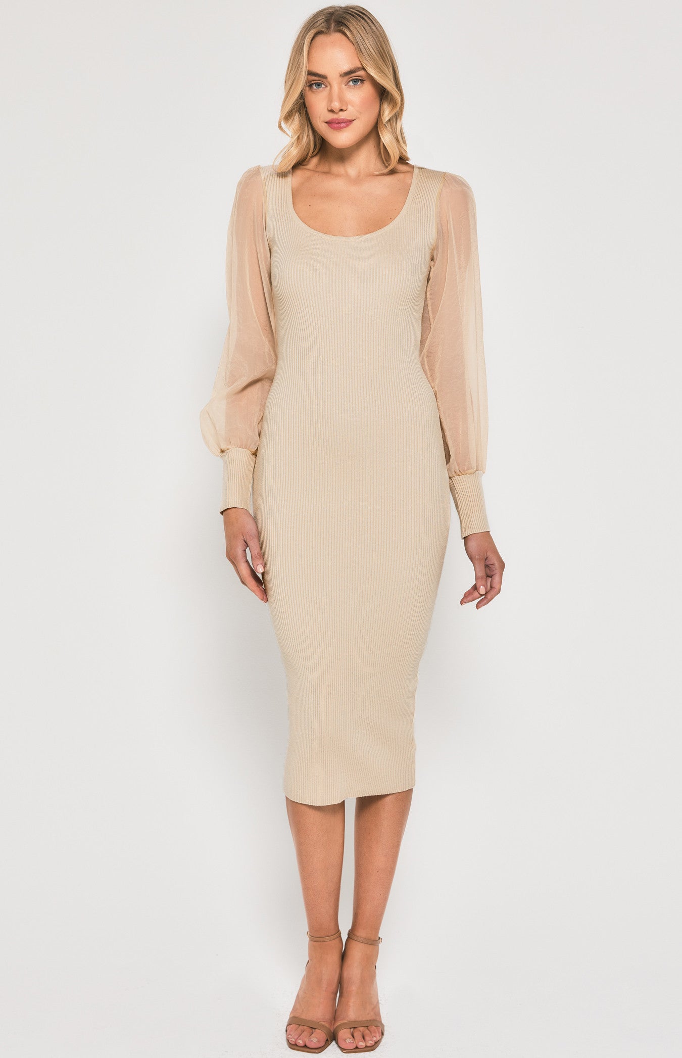 Cream Sheer Sleeve Knit Midi Dress
