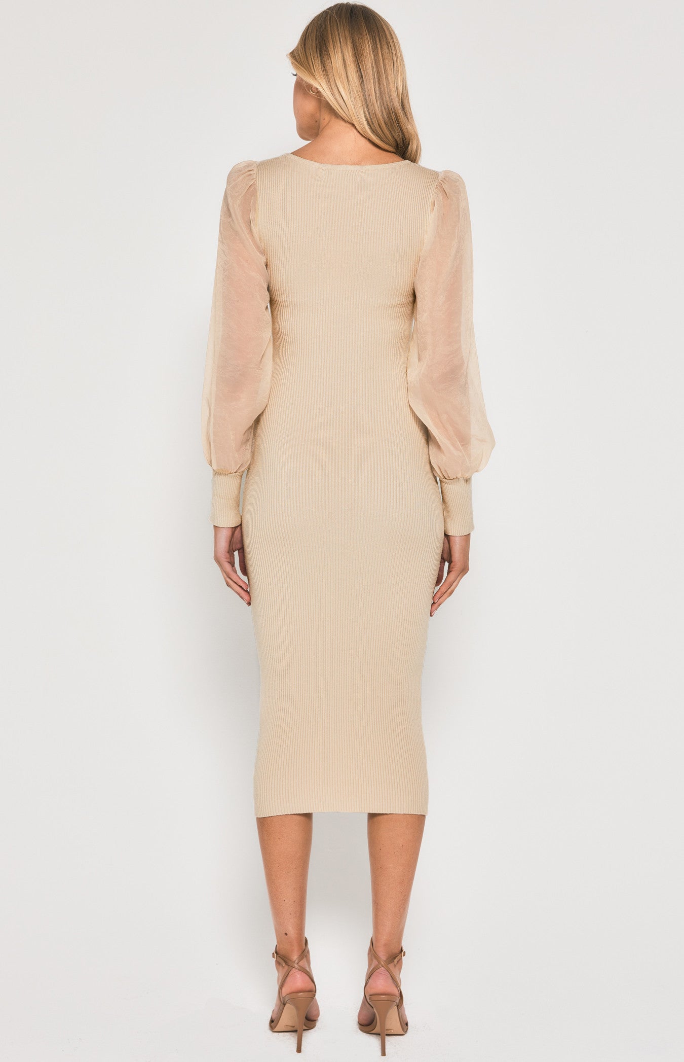 Cream Sheer Sleeve Knit Midi Dress