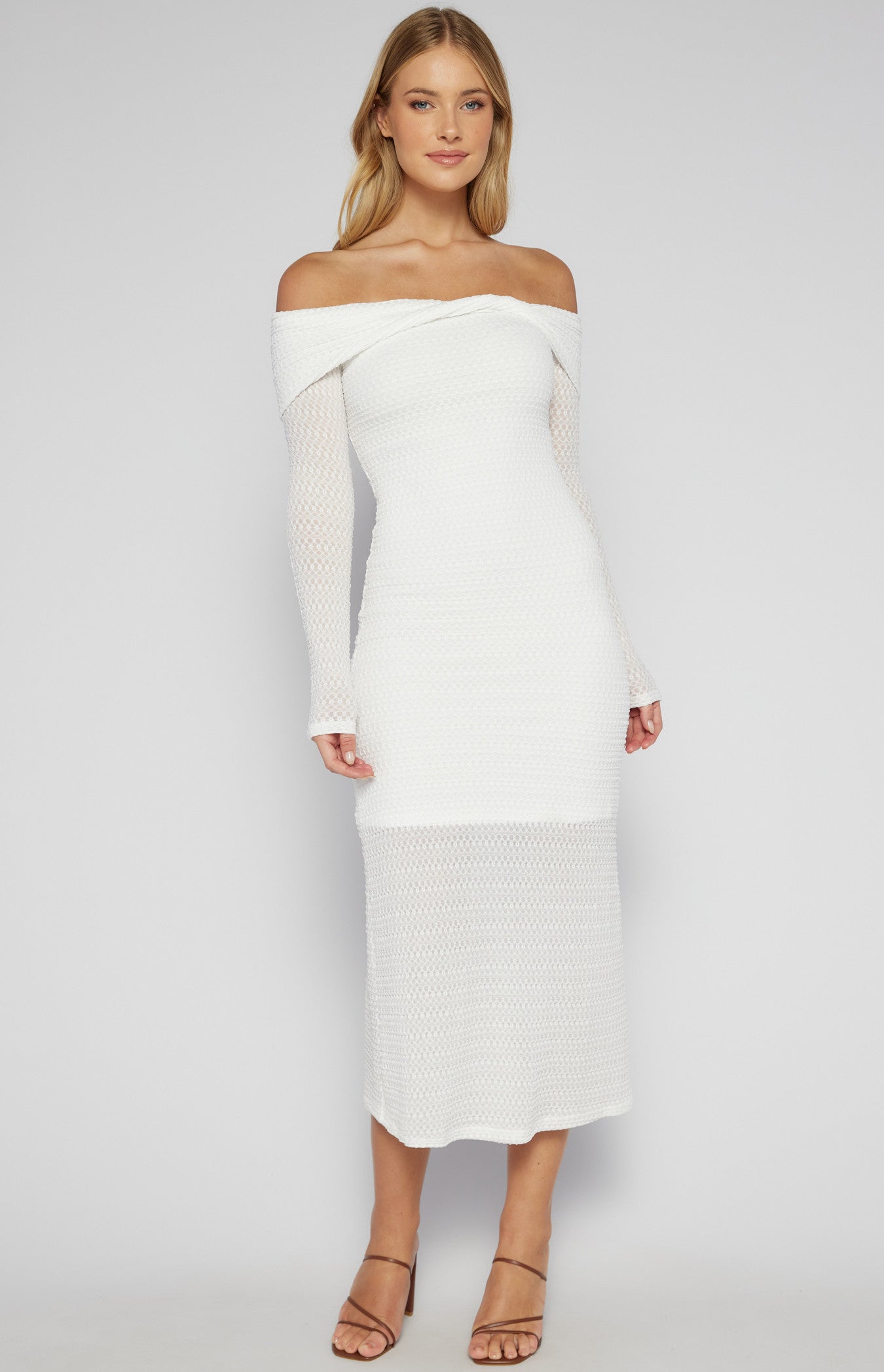 White Textured Jersey Twist Detail Off Shoulder Midi dress