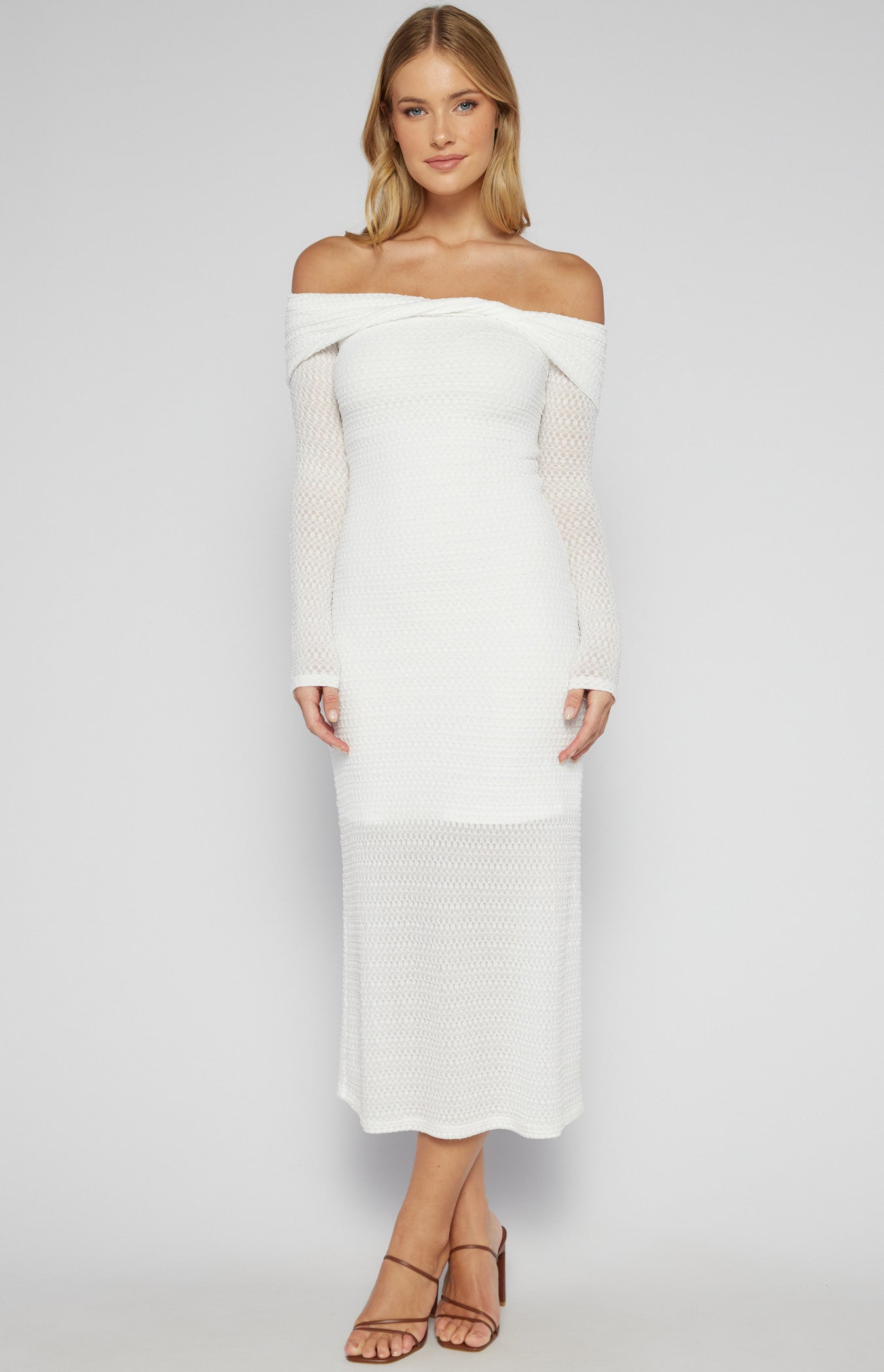 White Textured Jersey Twist Detail Off Shoulder Midi dress