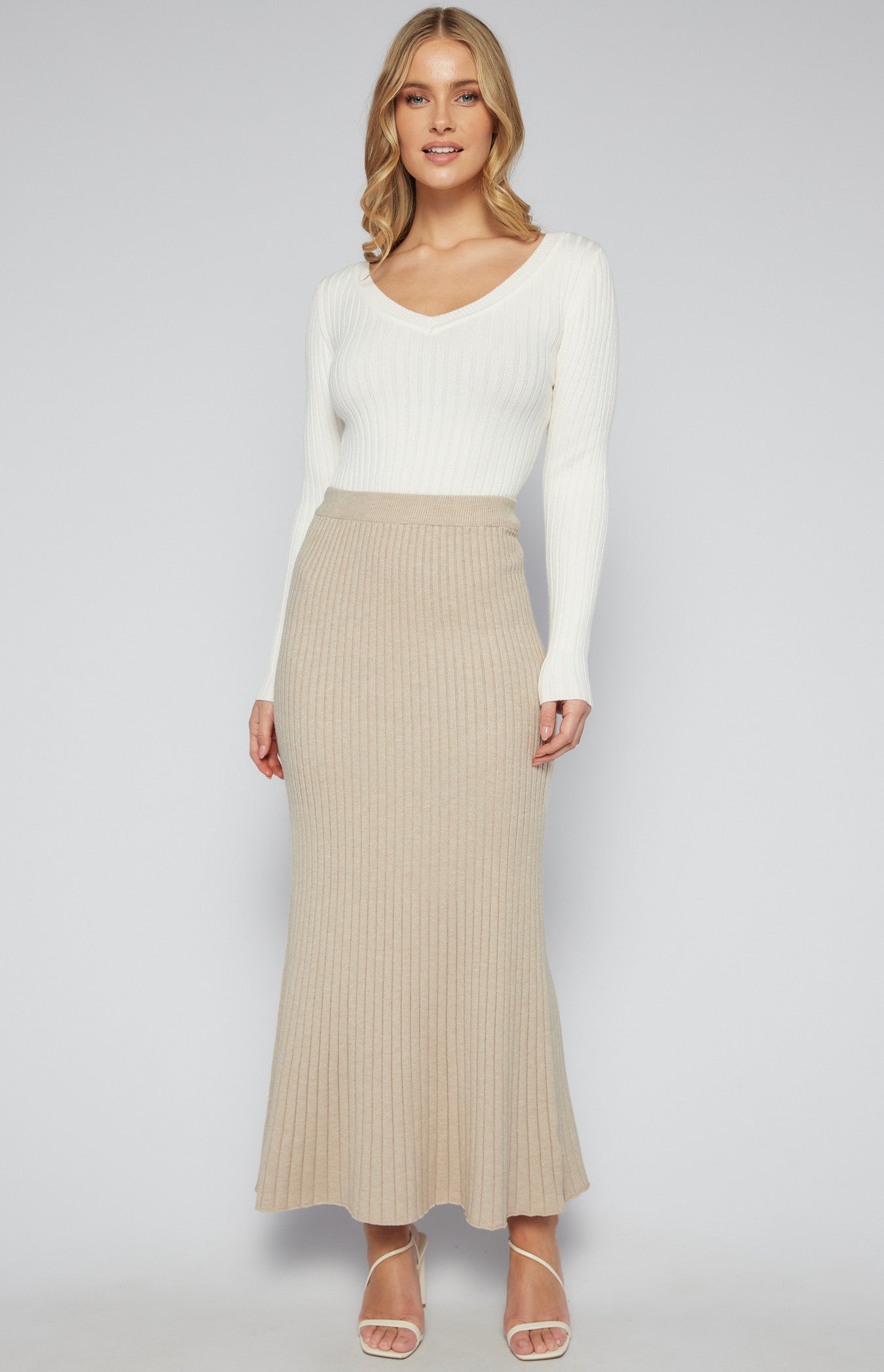 Sand Ribbed Knit Maxi Skirt