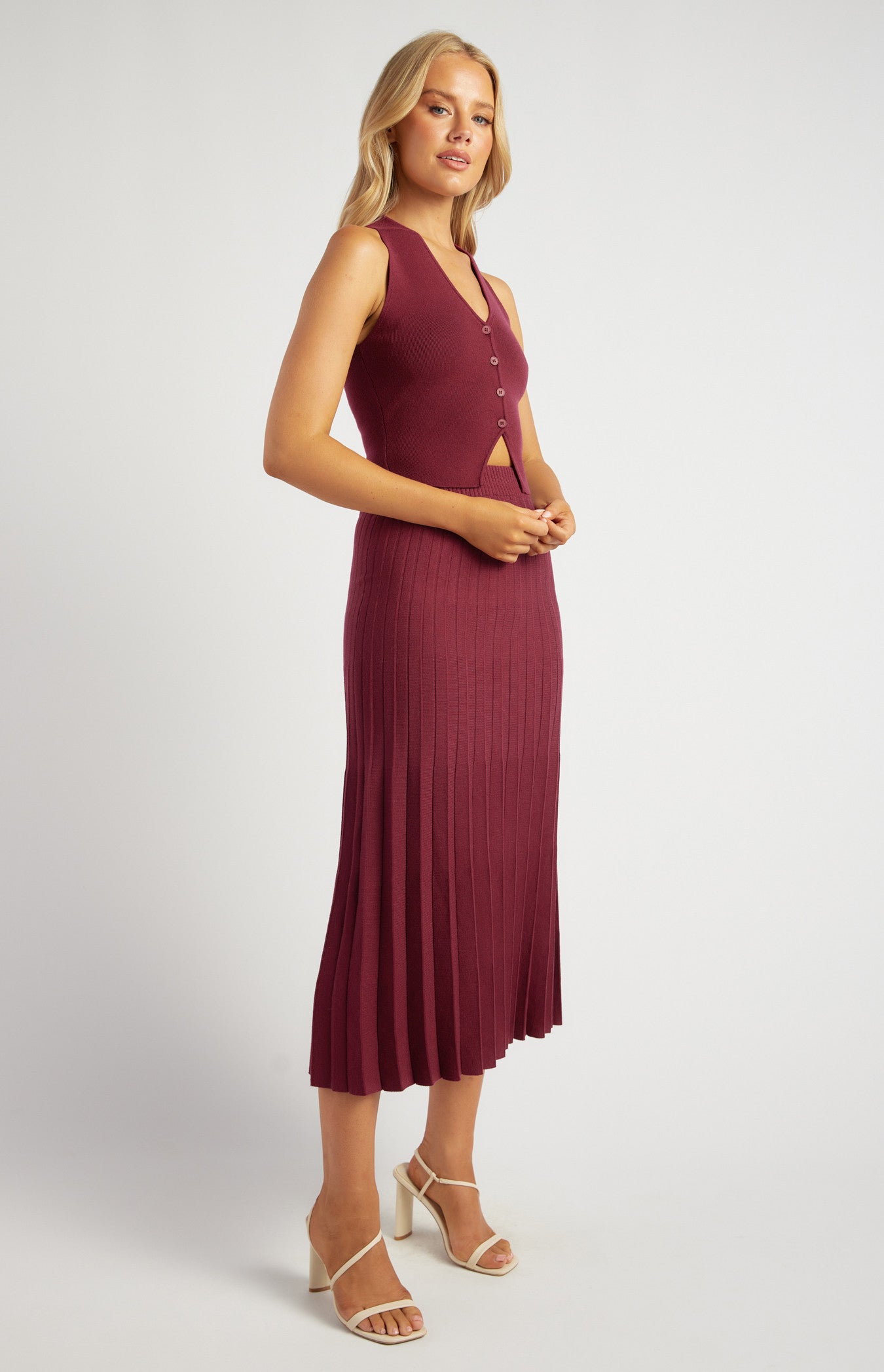 Wine Pleated A-Line Skirt