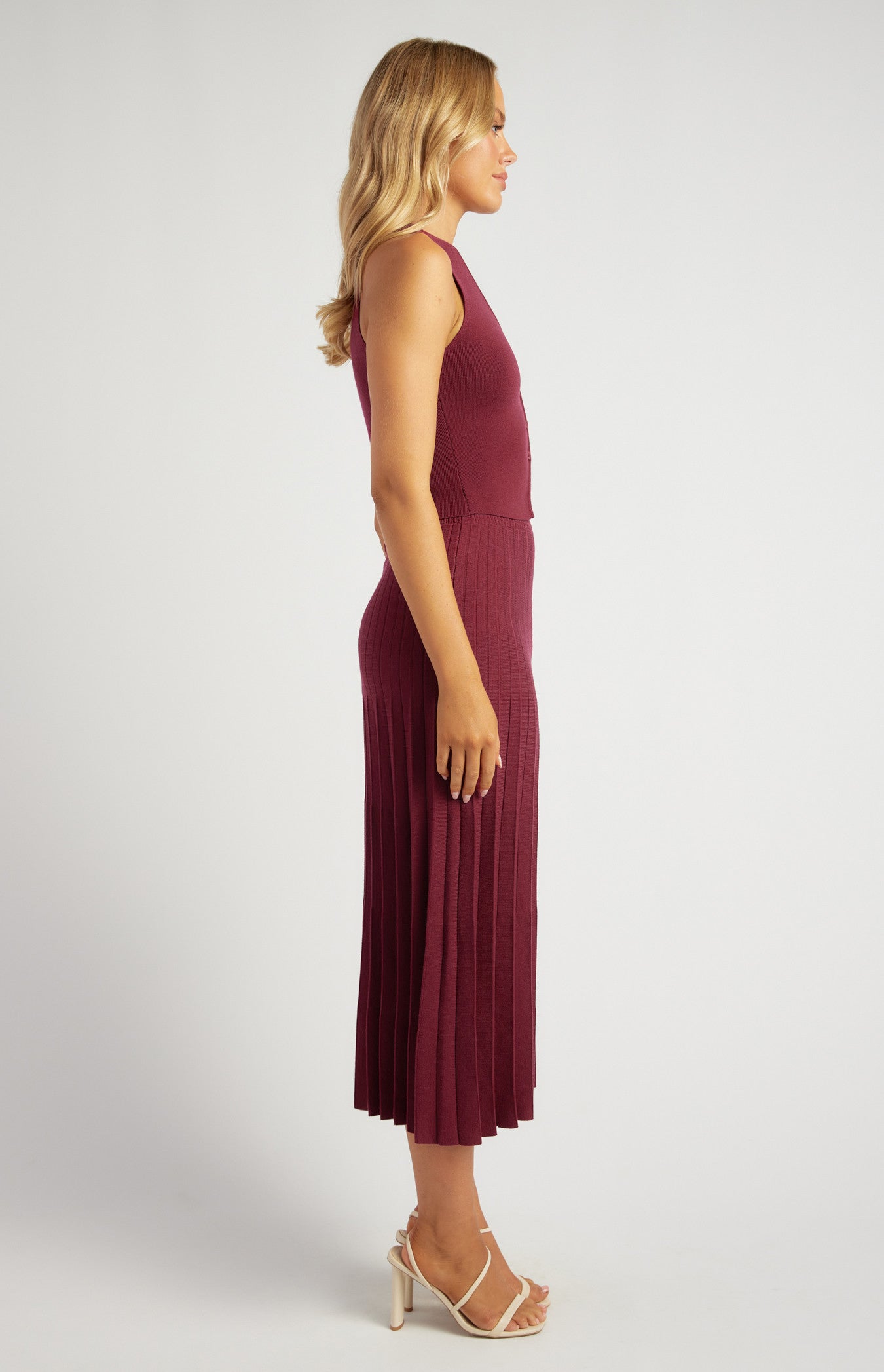 Wine Pleated A-Line Skirt