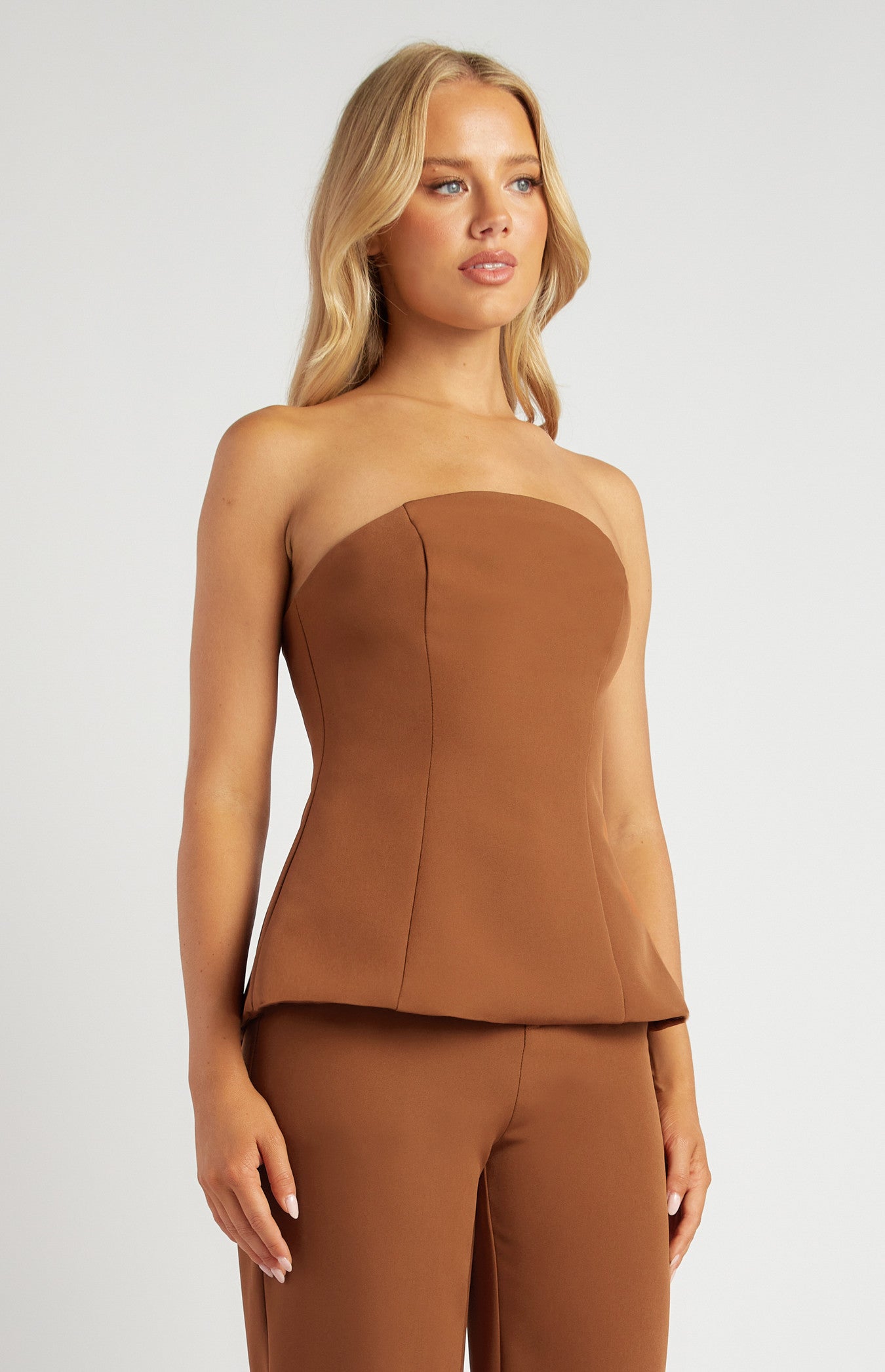 Nutmeg Peplum Strapless Top