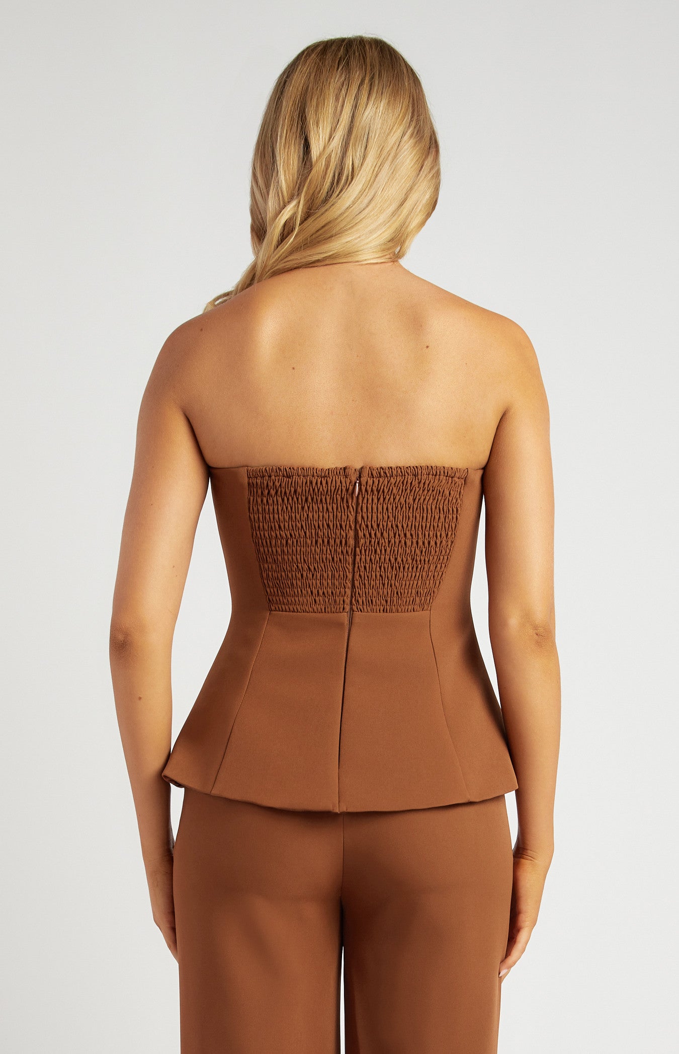 Nutmeg Peplum Strapless Top