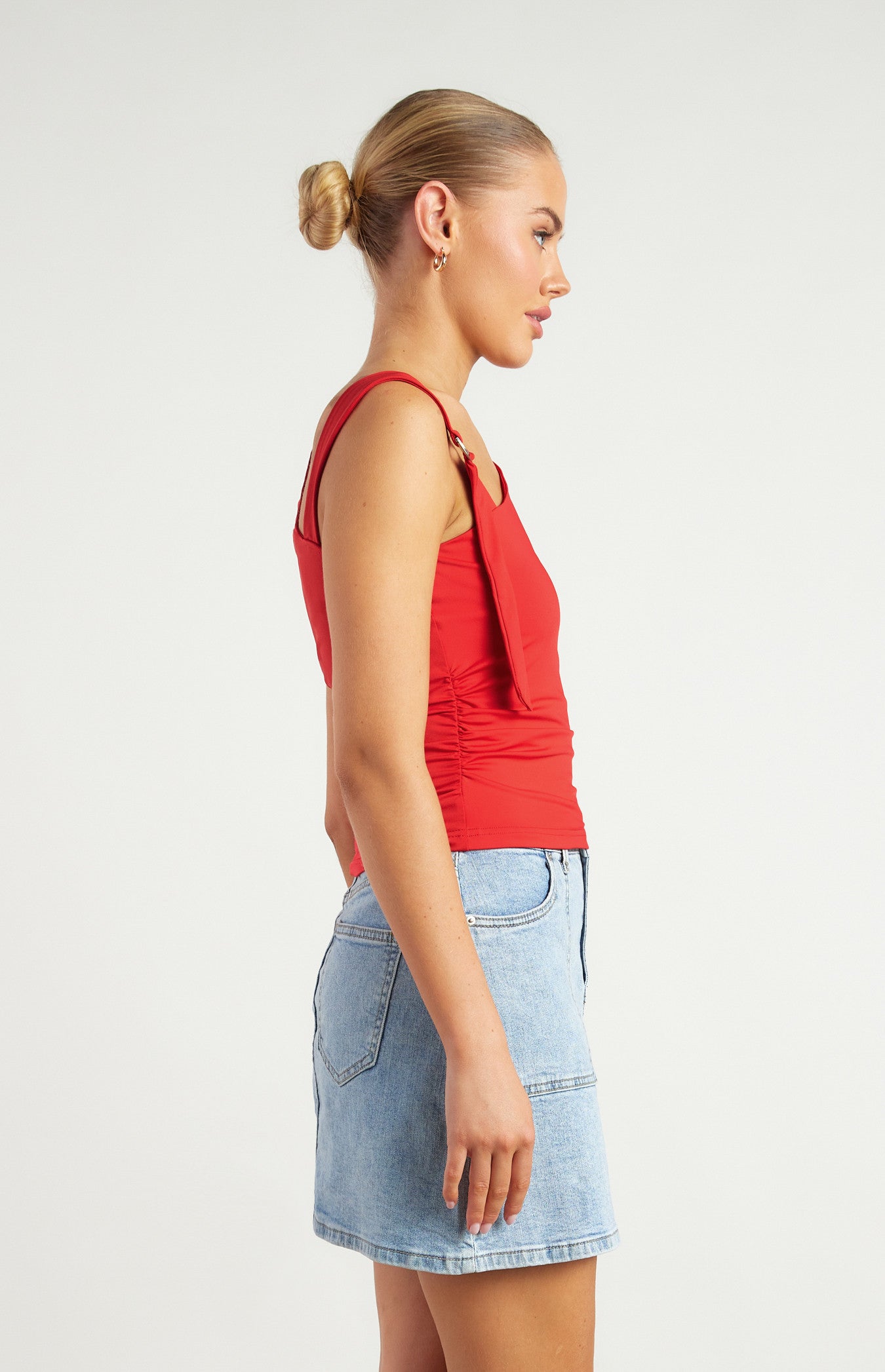 Red Buckle Shoulder Detail Ruched Jersey Top