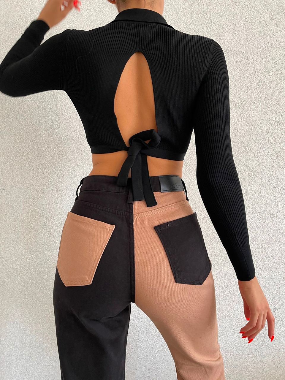 Black and Beige Contrast Denim Jeans