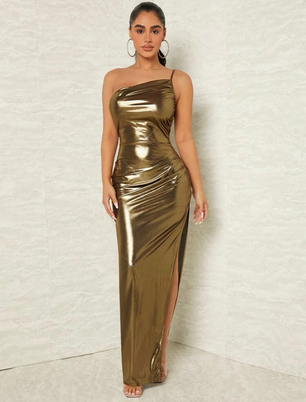One Shoulder Gold Metallic Dress