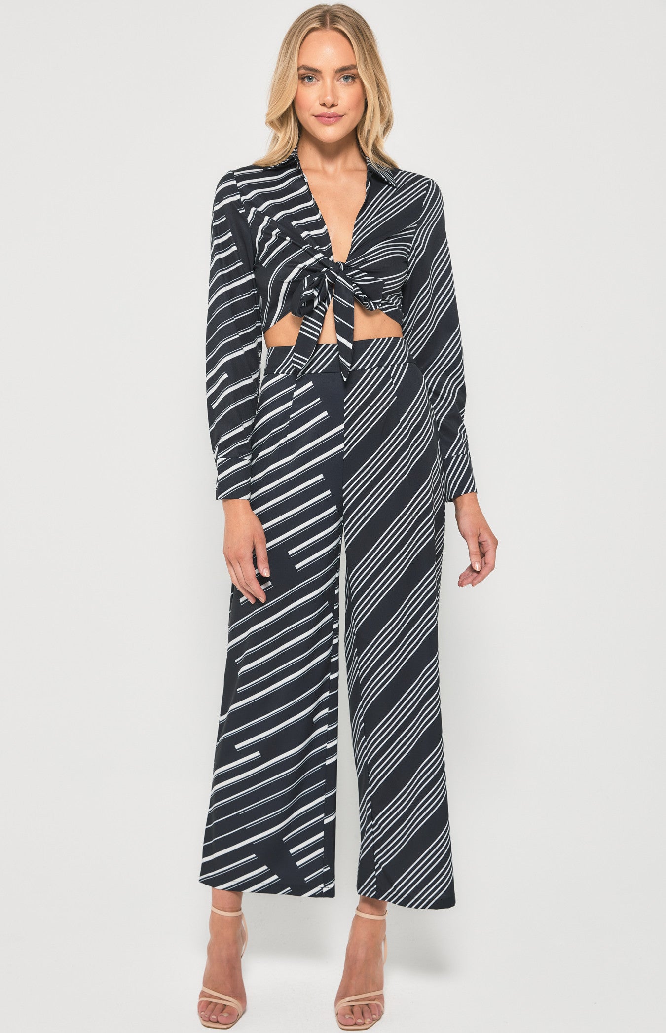 Contrast Striped Tie Front Top