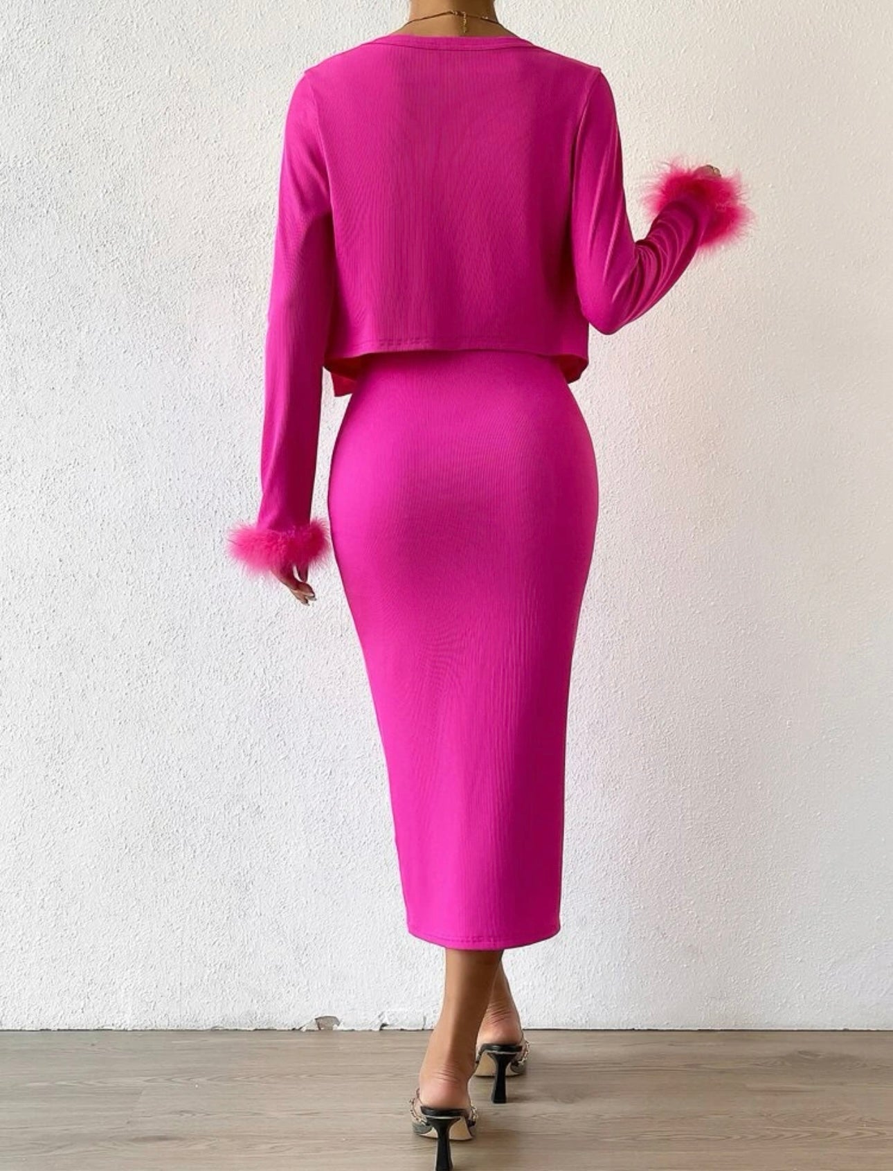 Fuchsia Pink Midi with Feather Cardigan
