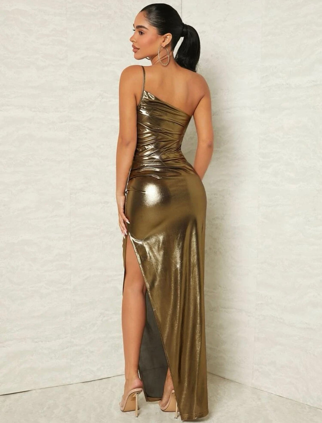 One Shoulder Gold Metallic Dress