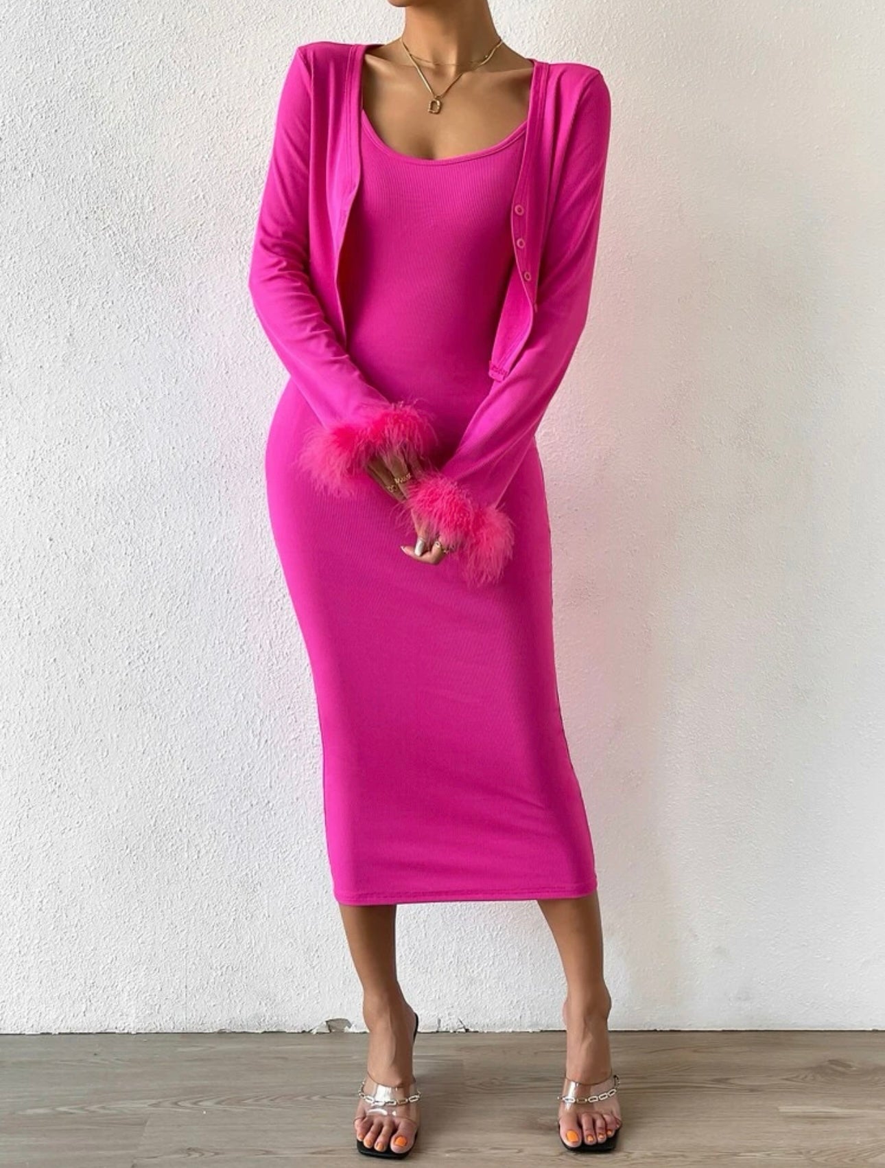 Fuchsia Pink Midi with Feather Cardigan