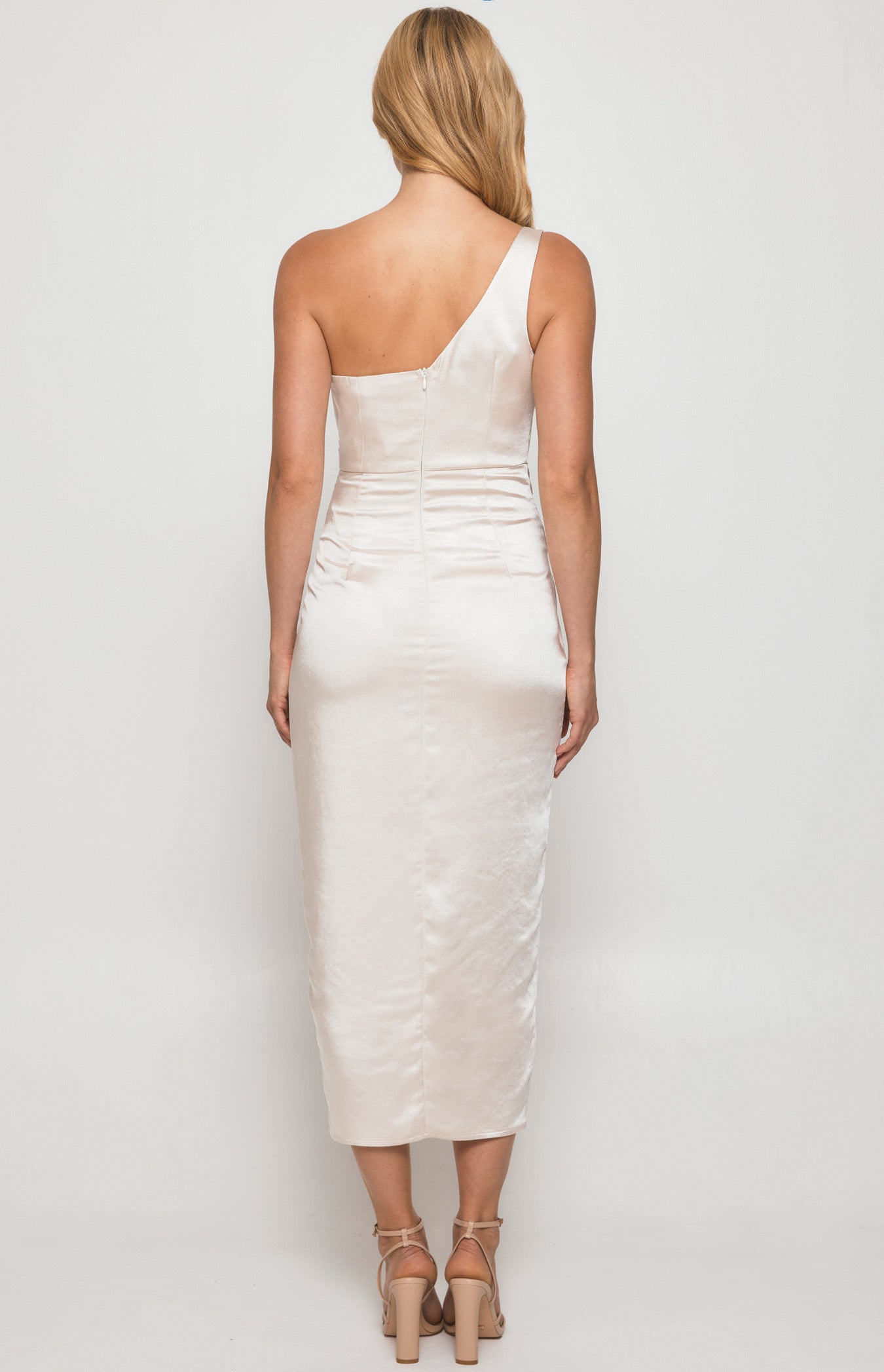 Lea One Shoulder Asymmetric Neckline Satin Dress