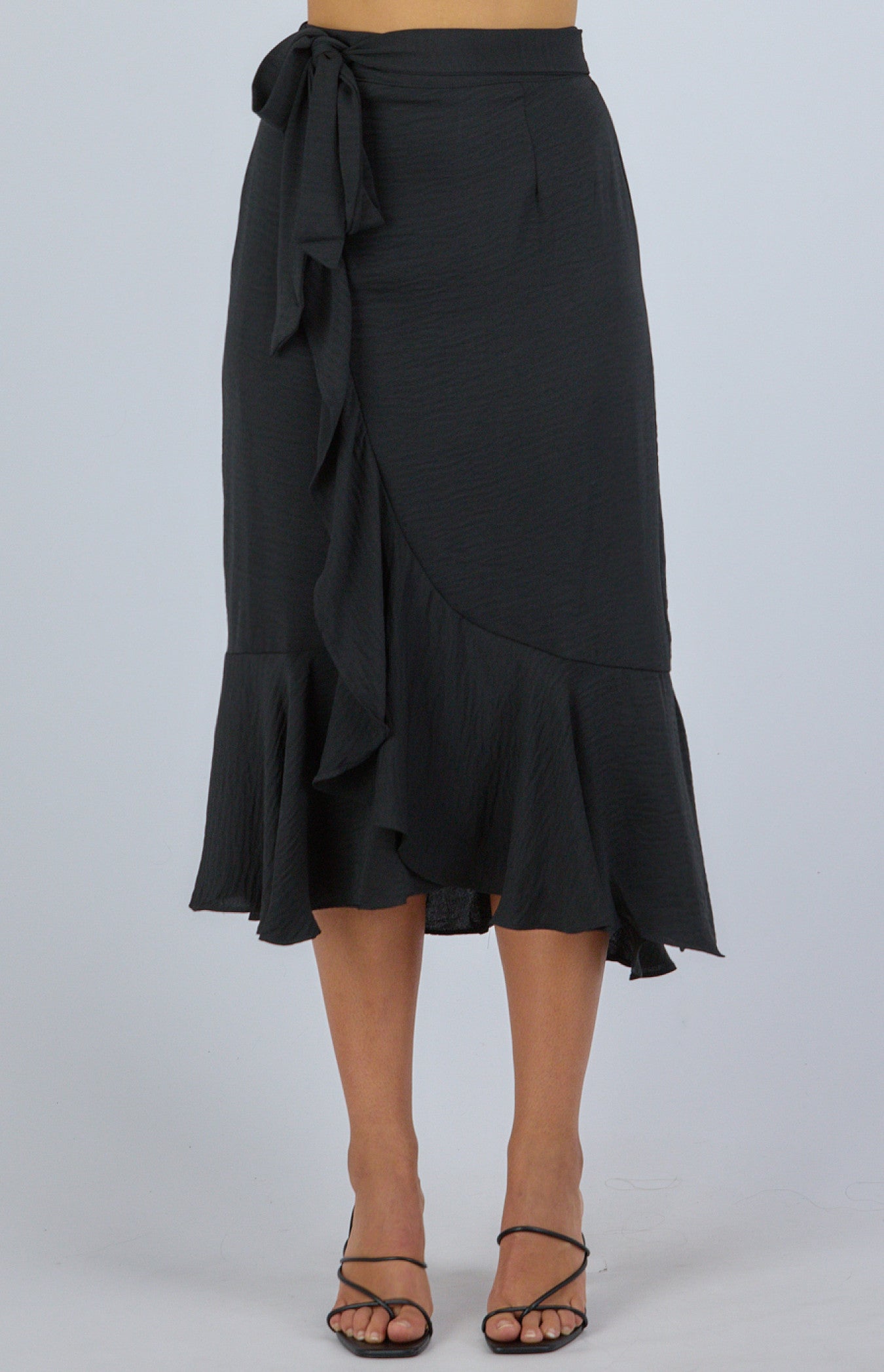 Black Textured Waterfall Hem Skirt with Self Fabric Belt