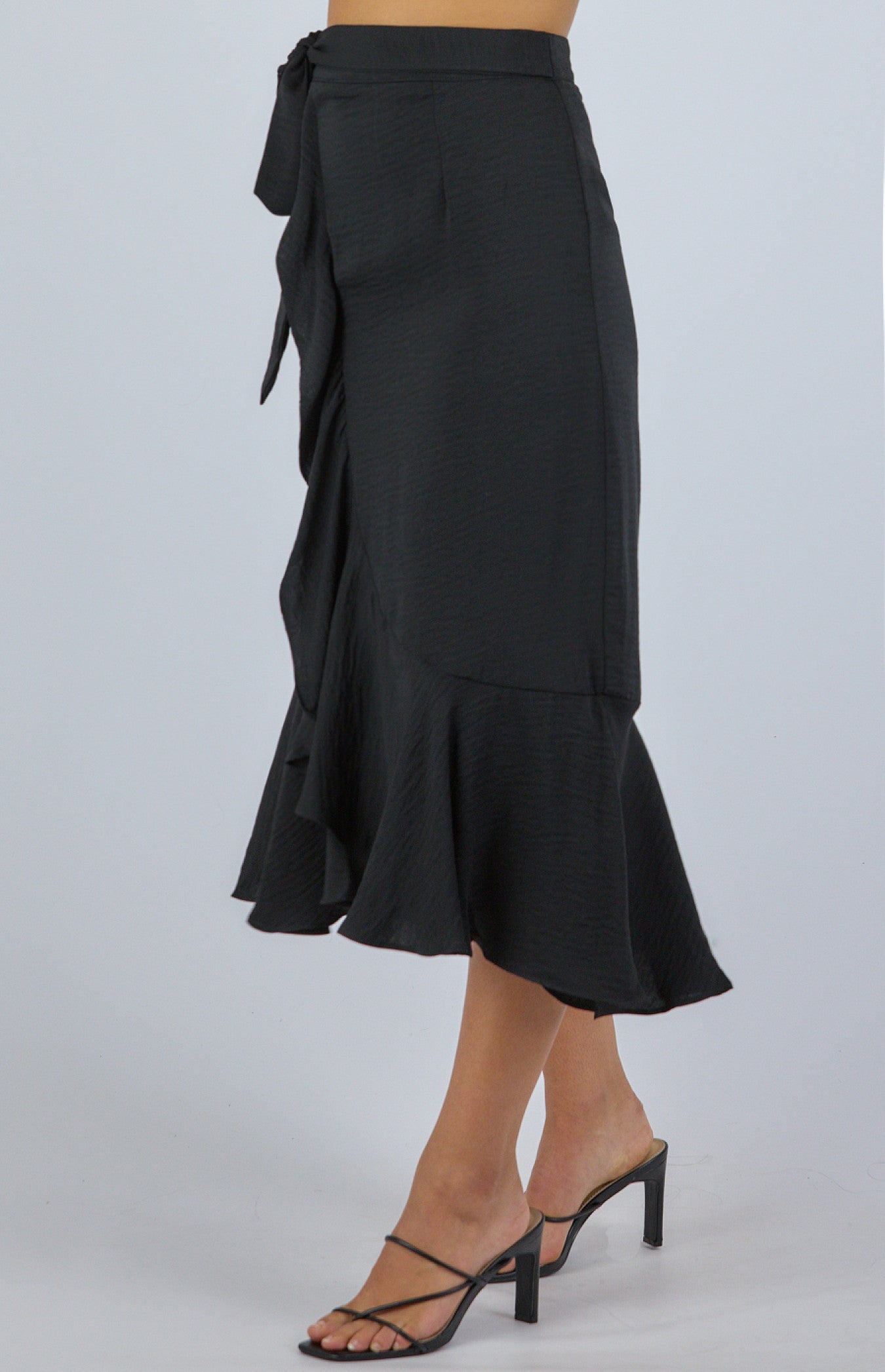Black Textured Waterfall Hem Skirt with Self Fabric Belt