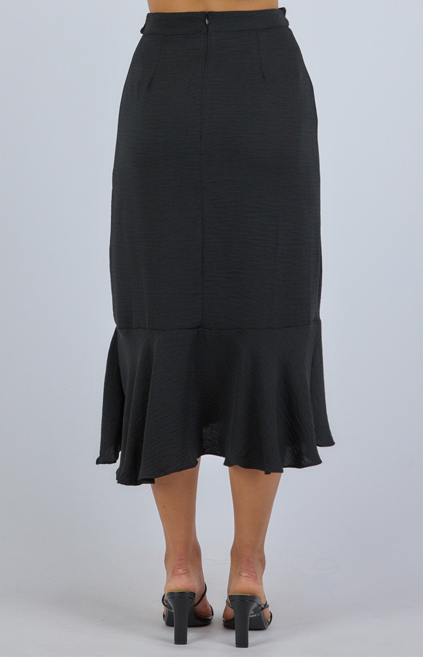 Black Textured Waterfall Hem Skirt with Self Fabric Belt
