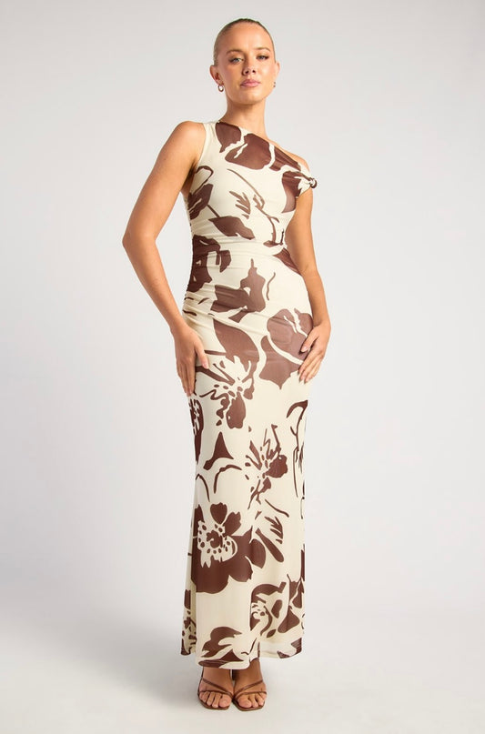 Choc vanilla floral print off shoulder dress