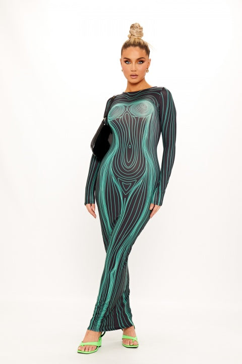 Black Body Map Print Bodycon Maxi Dress