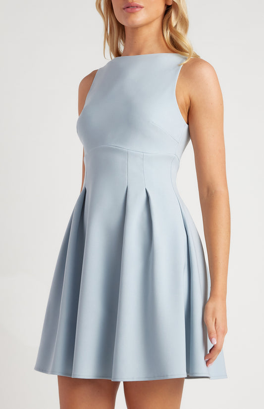 Baby Blue Stretch Fabric Cinched Waist Detail Mini Dress