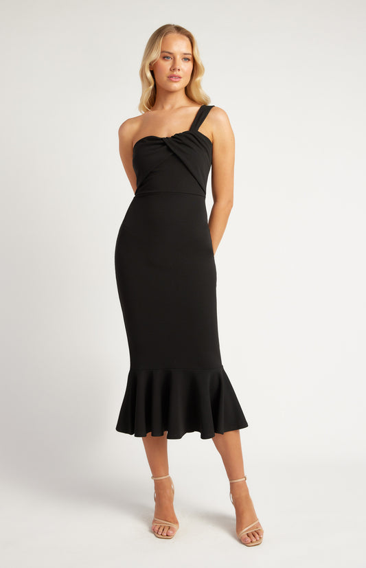 Black Mermaid Hem Front Twist Detail One Shoulder Dress