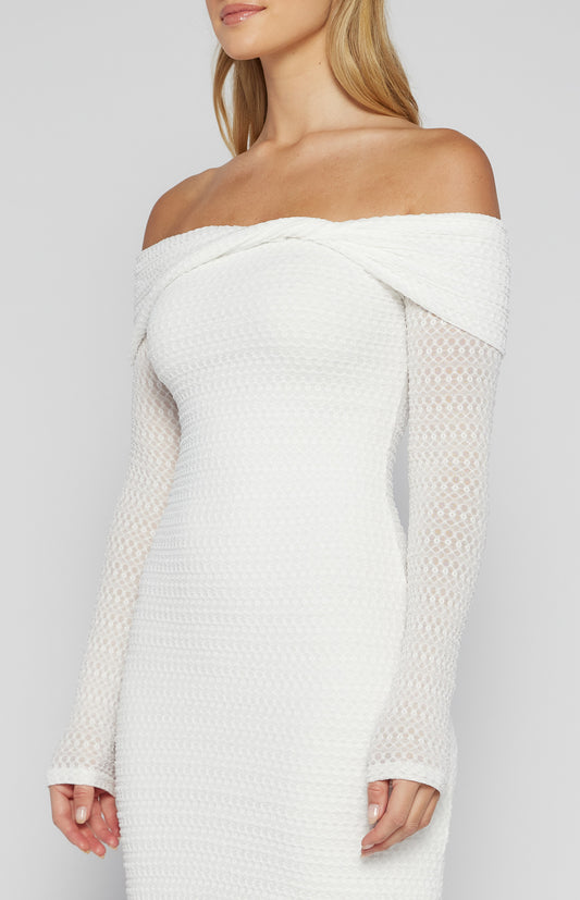 White Textured Jersey Twist Detail Off Shoulder Midi dress