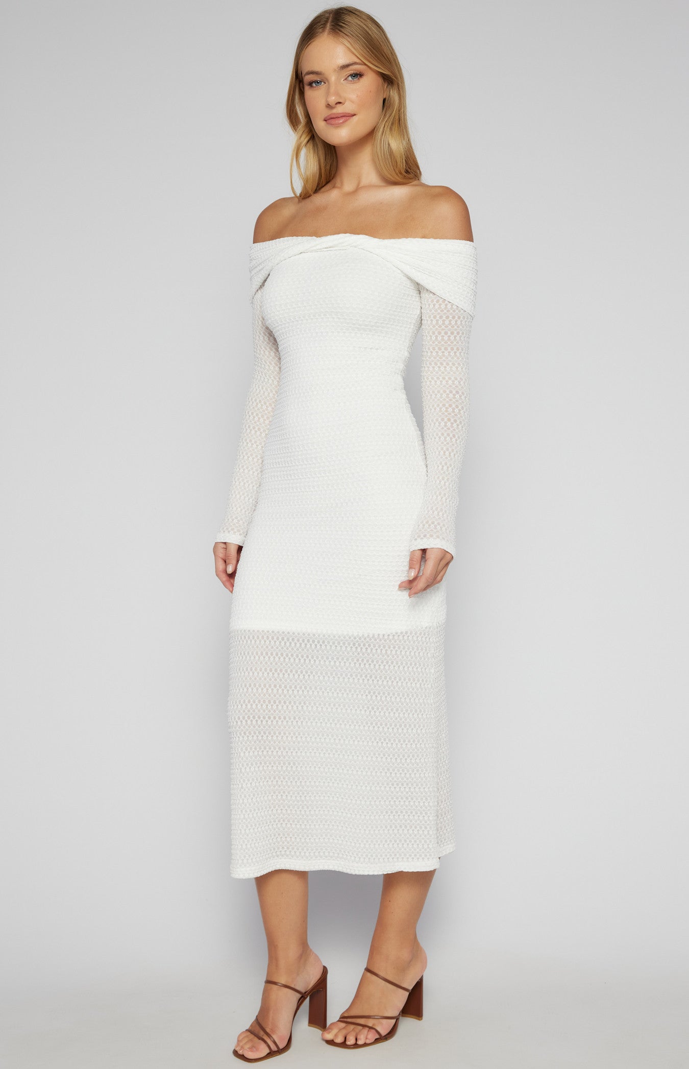 White Textured Jersey Twist Detail Off Shoulder Midi dress
