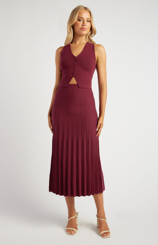 Wine Pleated A-Line Skirt
