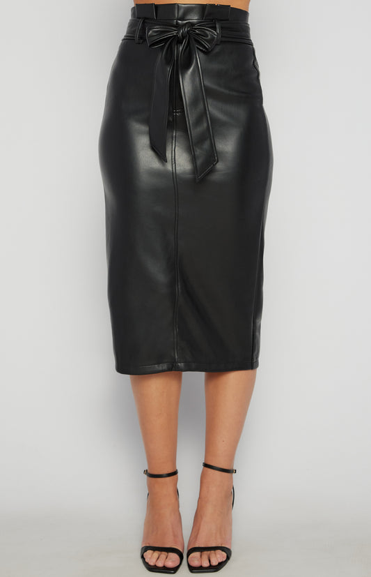 Paperbag Waist Faux Leather Midi Skirt