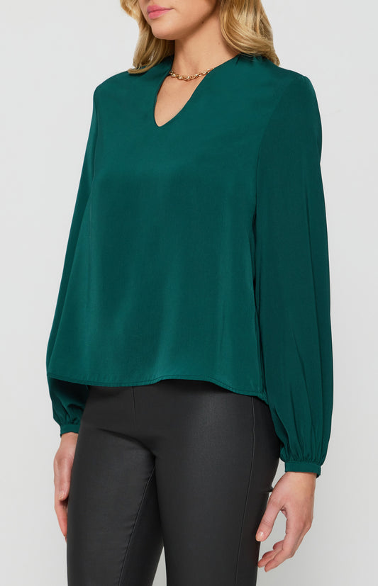 Emerald Pleated Shoulder Top with Chain Neckline Detail