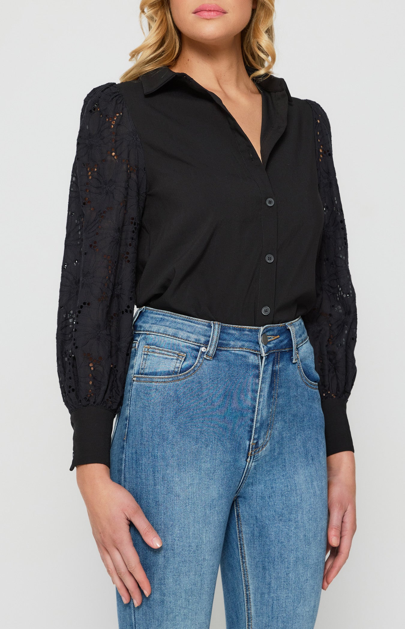 Contrast Cotton Embroidery Sleeves Button up Shirt