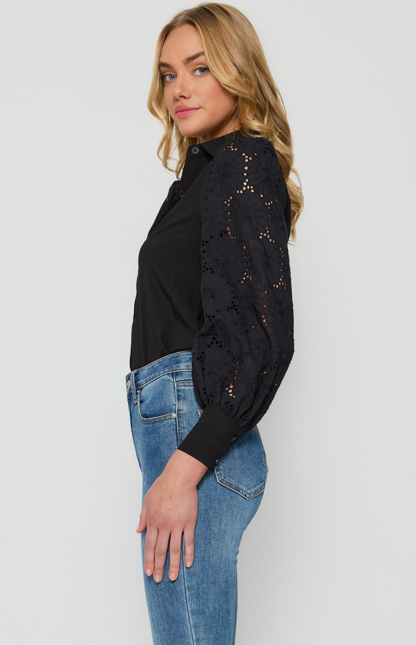 Contrast Cotton Embroidery Sleeves Button up Shirt