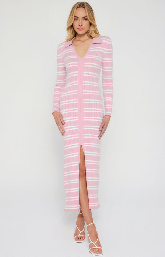 Pink Collared Striped Knit Midi Dress with Front Split