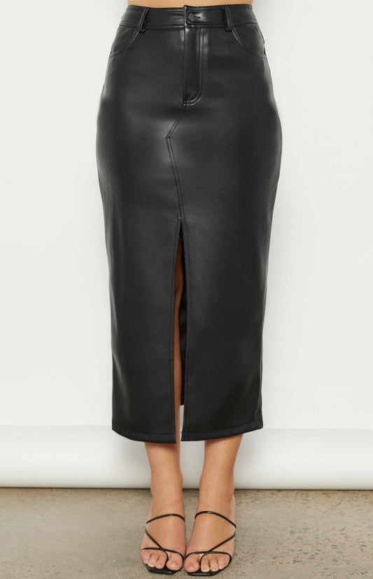 Bianca Faux Leather Midi Skirt with Front Split