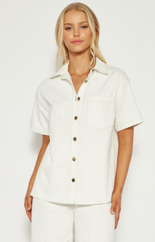 Cotton Button Up Shirt with Contrast Stitching