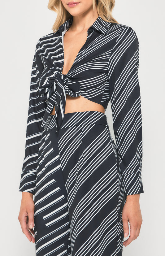 Contrast Striped Tie Front Top
