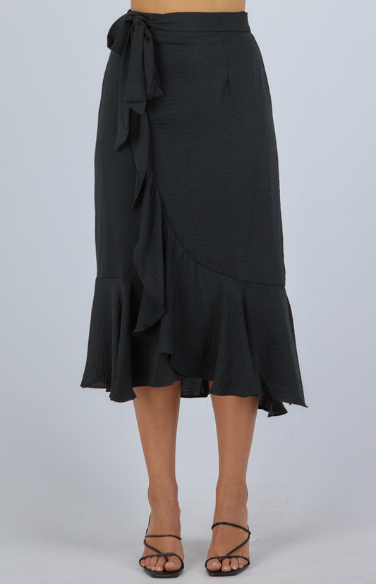Black Textured Waterfall Hem Skirt with Self Fabric Belt